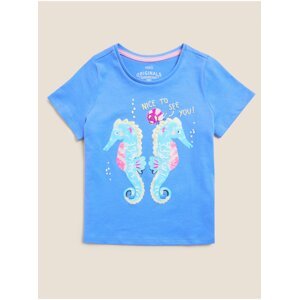 Tričko z čisté bavlny s motivem mořského koníka a flitry (2–7 let) Marks & Spencer modrá