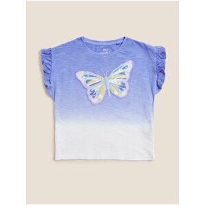 Tričko z čisté bavlny s motýlím motivem a flitry (2–7 let) Marks & Spencer fialová