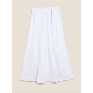 Midi sukně áčkového střihu s rozparkem po straně, ze směsi lnu Marks & Spencer bílá