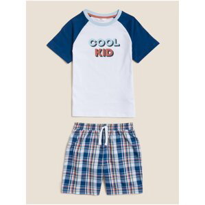 Krátká pyžamová souprava s nápisem „Cool Kid“, z čisté bavlny Marks & Spencer modrá