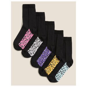 5 párů bavlněných ponožek s leopardím vzorem Marks & Spencer černá