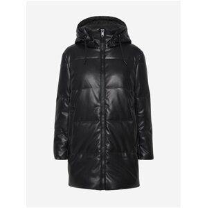 Černý prošívaný koženkový zimní kabát s kapucí ICHI
