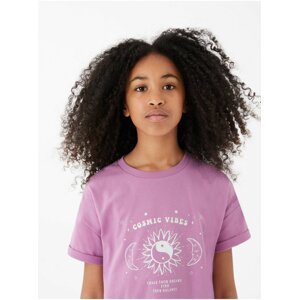 Tričko z čisté bavlny s nápisem „Cosmic Vibes“ (6–16 let) Marks & Spencer fialová