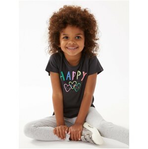 Šedé holčičí tričko z čisté bavlny s nápisem „Happy“ Marks & Spencer