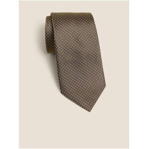 Hnědá pánská kravata z čistého hedvábí s drobnými puntíky Marks & Spencer