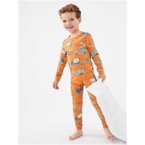 Oranžové dětské pyžamo s vysokým podílem bavlny a dopravním potiskem Marks & Spencer