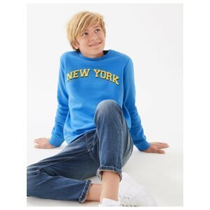 Mikina s vysokým podílem bavlny a nápisem „New York“ (6–16 let) Marks & Spencer modrá