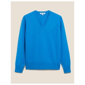 Volný svetr ze 100% kašmíru s výstřihem do V Marks & Spencer modrá