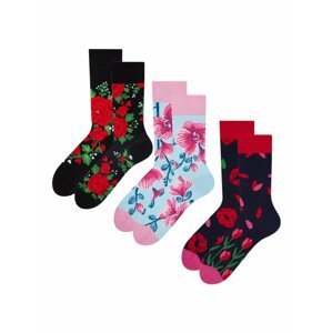 Sada tří párů unisex květovaných ponožek v černé, červené a růžové barvě Dedoles