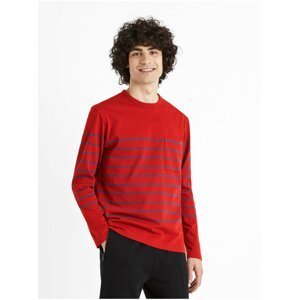 Červené pánské pruhované tričko s dlouhým rukávem Celio Veboxmlr