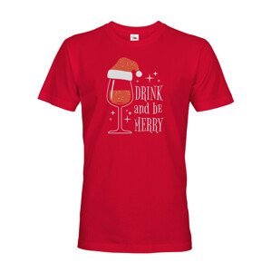 Pánské vánoční tričko s potiskem vína a nápisem Drink and be merry