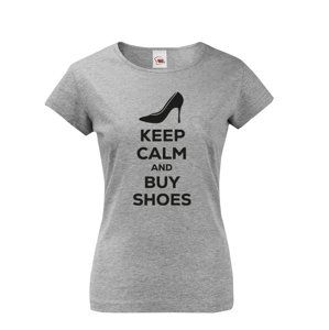 Dámské vtipné tričko s potiskem "Keep calm and buy shoes" - dárek pro ženy