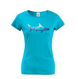 Originální dámské tričko s potiskem potápěče a žraloka