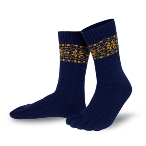 Knitido Zimní prstové ponožky z kašmíru a merina Snowflakes námořnická modrá a zlatá Velikost ponožek: 35-38