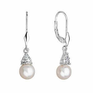 Stříbrné visací náušnice s bílou říční perlou a zirkony 21062.1
