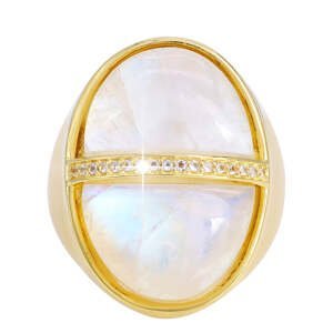 Pozlacený Stříbrný Prsten s Duhovým Měsíčním Kamenem a Bílým Topazem, Velikost: 59-58