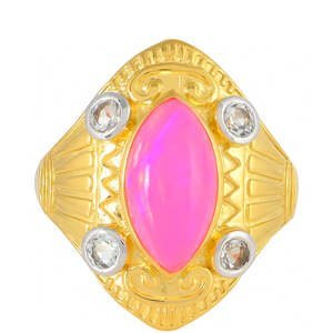 Pozlacený Stříbrný Prsten s Etiopským Neónově Růžovým Opálem a Bílým Topazem, Velikost: 57-56