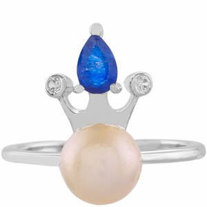 Stříbrný Prsten s Kultivovanou Perlou a Modrým Safírem, Velikost: 54-55