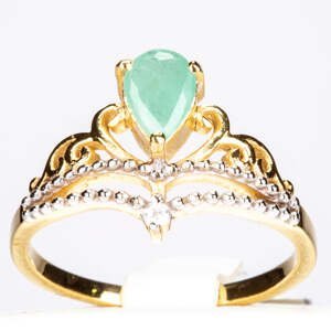 Pozlacený Stříbrný Prsten s Brazilským Smaragdem a Bílým Zirkonem, Velikost: 59-58