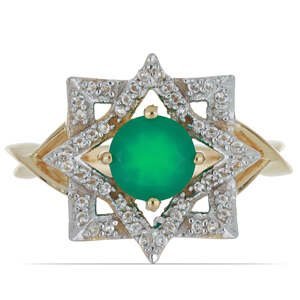 Pozlacený Stříbrný Prsten se Zeleným Achátem ze Spruce Pine a Bílým Topazem, Velikost: 57-56