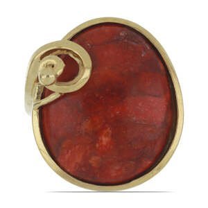 Pozlacený Stříbrný Prsten s Červeným Houbovým Korálem, Velikost: 54-55