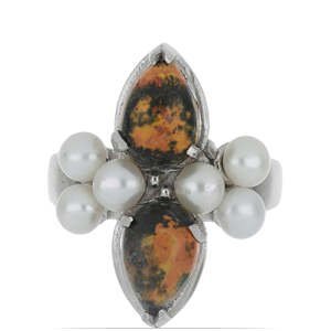 Stříbrný Prsten s Bumble Bee Jaspisem z Martapura a Bílou Sladkovodní Perlou, Velikost: 54-55