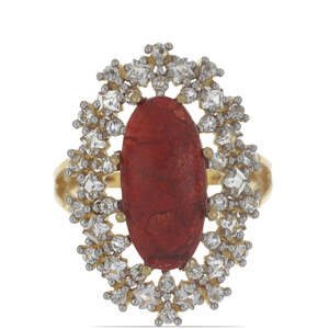 Pozlacený Stříbrný Prsten s Červeným Houbovým Korálem a Bílým Topazem, Velikost: 57-56