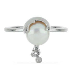 Stříbrný Prsten s Bílým Diamantem a Bílou Sladkovodní Perlou, Velikost: 54-55