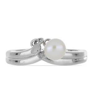 Stříbrný Prsten s Bílým Diamantem a Bílou Sladkovodní Perlou, Velikost: 57-56
