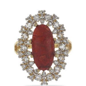 Pozlacený Stříbrný Prsten s Červeným Houbovým Korálem a Bílým Topazem, Velikost: 57-56
