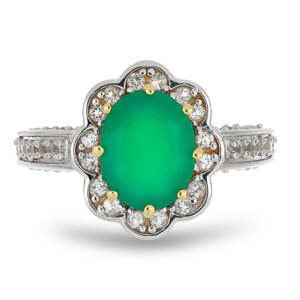 Pozlacený Stříbrný Prsten se Zeleným Achátem a Bílým Topazem, Velikost: 57-56