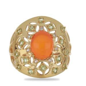 Pozlacený Stříbrný Prsten s Oranžovým Opálem z Lega Dembi a Čchang-pajským Peridotem, Velikost: 54-55