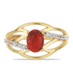 Pozlacený Stříbrný Prsten s Červeným Houbovým Korálem a Bílým Topazem, Velikost: 62-63