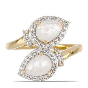 Pozlacený Stříbrný Prsten s Duhovým Měsíčním Kamenem a Bílým Topazem, Velikost: 52-53