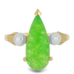 Pozlacený Stříbrný Prsten se Zeleným Jadeitem a Bílou Sladkovodní Perlou, Velikost: 54-55