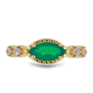 Pozlacený Stříbrný Prsten se Zeleným Onyxem a Bílým Topazem, Velikost: 57-56
