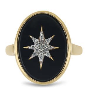 Pozlacený Stříbrný Prsten s Černým Onyxem a Bílým Topazem, Velikost: 57-56