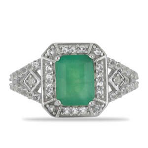 Stříbrný Prsten s Brazilským Smaragdem a Bílým Topazem, Velikost: 59-58