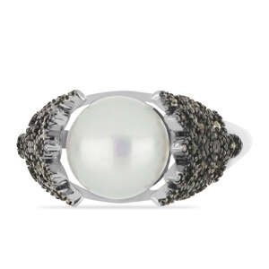 Stříbrný Prsten s Rakouským Markazitem a Bílou Perlou, Velikost: 57-56