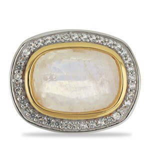 Pozlacený Stříbrný Prsten s Duhovým Měsíčním Kamenem a Bílým Topazem, Velikost: 54-55