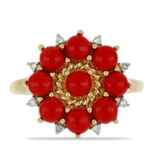 Pozlacený Stříbrný Prsten s Červeným Houbovým Korálem a Bílým Topazem, Velikost: 54-55