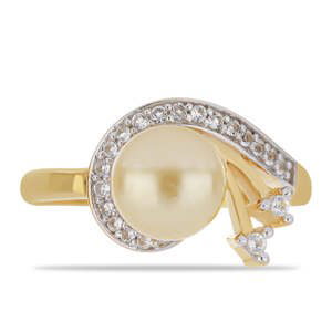 Pozlacený Stříbrný Prsten s Jihomořskou Zlatou Perlou a Bílým Topazem, Velikost: 62-63
