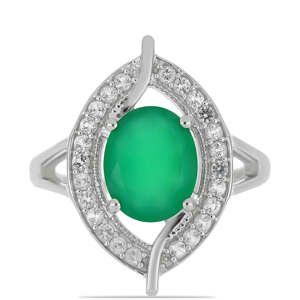 Stříbrný Prsten se Zeleným Achátem a Bílým Topazem, Velikost: 57-56