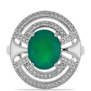 Stříbrný Prsten se Zeleným Achátem a Bílým Topazem, Velikost: 57-56