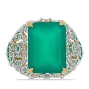 Pozlacený Stříbrný Prsten se Zeleným Achátem a Bílým Topazem, Velikost: 59-58