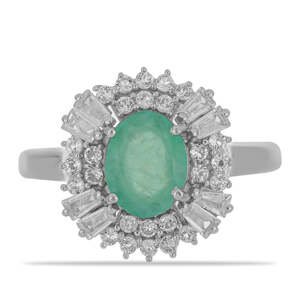 Stříbrný Prsten s Brazilským Smaragdem a Bílým Zirkonem, Velikost: 57-56