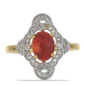 Pozlacený Stříbrný Prsten s Červeným Houbovým Korálem a Bílým Topazem, Velikost: 54-55
