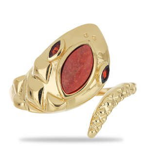 Pozlacený Stříbrný Prsten s Červeným Houbovým Korálem a Bartonským Granátem, Velikost: 57-56