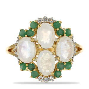 Pozlacený Stříbrný Prsten s Duhovým Měsíčním Kamenem a Brazilským Smaragdem, Velikost: 54-55