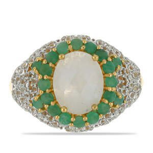 Pozlacený Stříbrný Prsten s Duhovým Měsíčním Kamenem a Brazilským Smaragdem, Velikost: 57-56